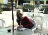 Blonde tranny strips down and surprises some dude with her cock